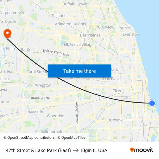 47th Street & Lake Park (East) to Elgin IL USA map