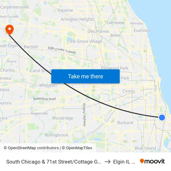 South Chicago & 71st Street/Cottage Grove (Se) to Elgin IL USA map