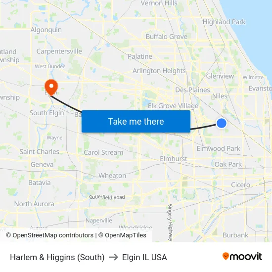 Harlem & Higgins (South) to Elgin IL USA map