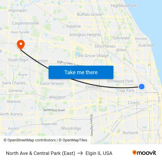 North Ave & Central Park (East) to Elgin IL USA map