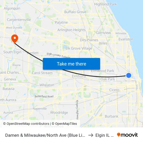 Damen & Milwaukee/North Ave (Blue Line) (North) to Elgin IL USA map