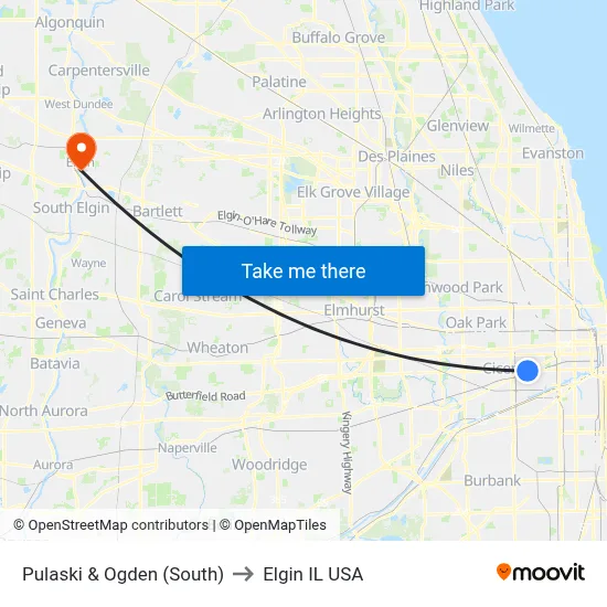 Pulaski & Ogden (South) to Elgin IL USA map