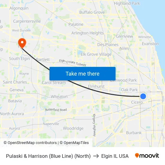 Pulaski & Harrison (Blue Line) (North) to Elgin IL USA map