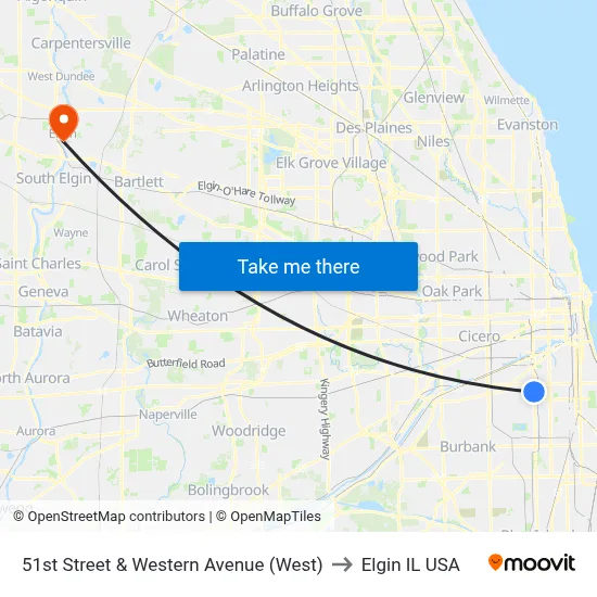51st Street & Western Avenue (West) to Elgin IL USA map
