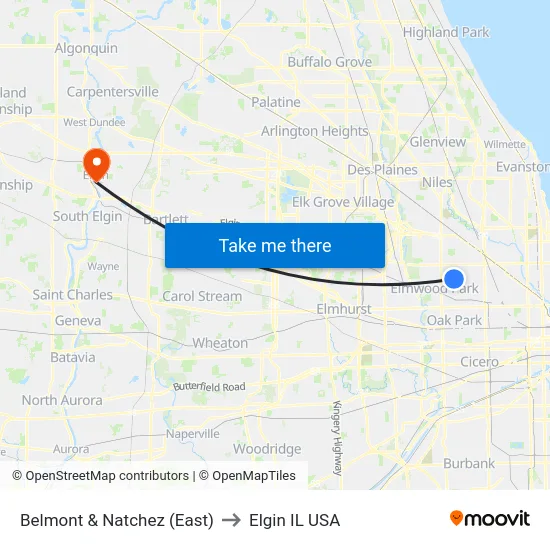 Belmont & Natchez (East) to Elgin IL USA map