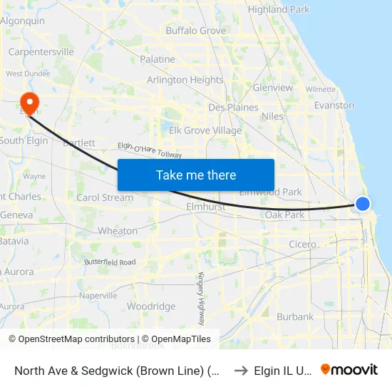 North Ave & Sedgwick (Brown Line) (West) to Elgin IL USA map