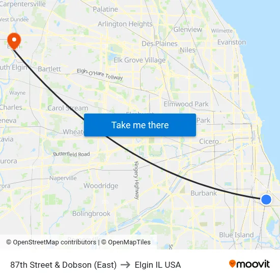87th Street & Dobson (East) to Elgin IL USA map