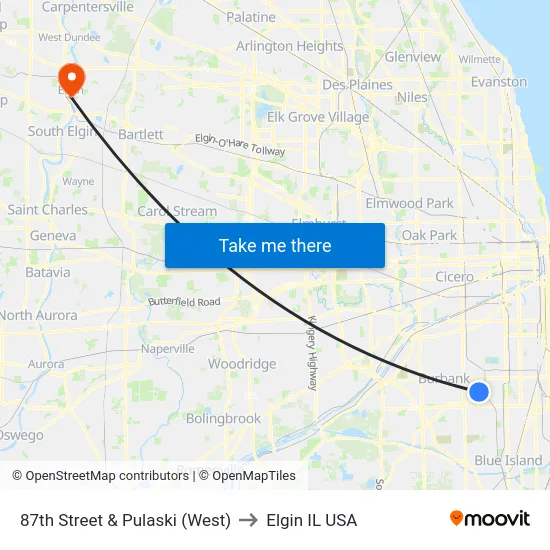 87th Street & Pulaski (West) to Elgin IL USA map