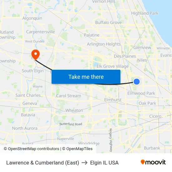 Lawrence & Cumberland (East) to Elgin IL USA map