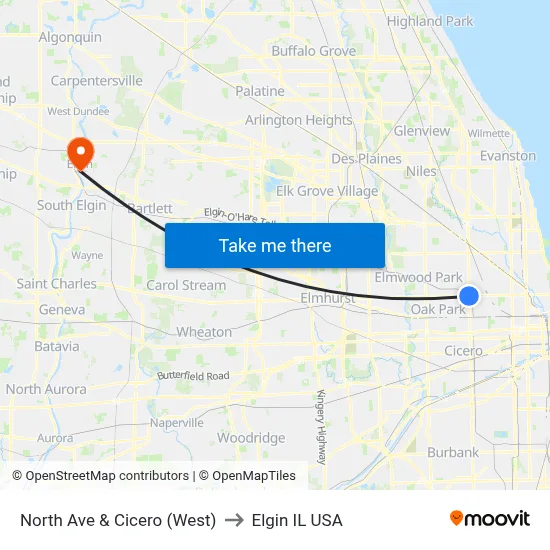 North Ave & Cicero (West) to Elgin IL USA map