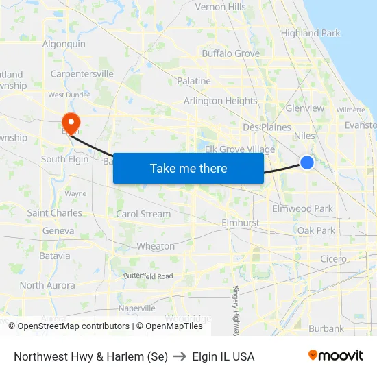 Northwest Hwy & Harlem (Se) to Elgin IL USA map