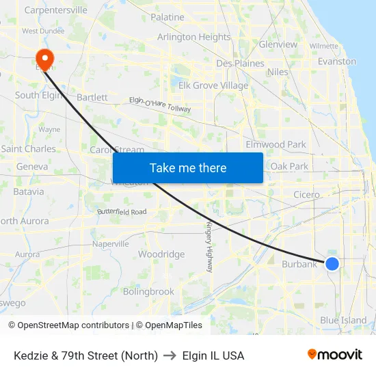 Kedzie & 79th Street (North) to Elgin IL USA map