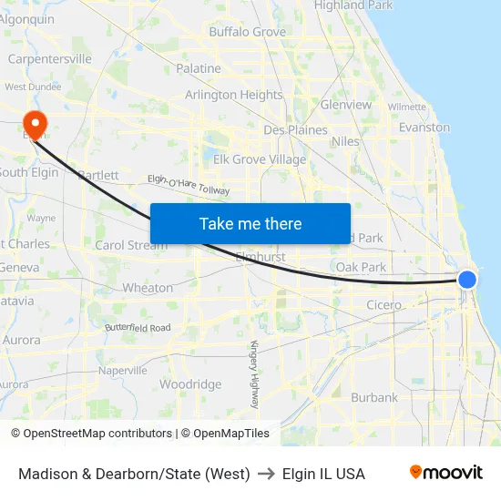 Madison & Dearborn/State (West) to Elgin IL USA map