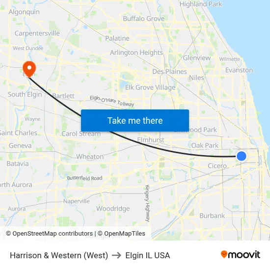 Harrison & Western (West) to Elgin IL USA map