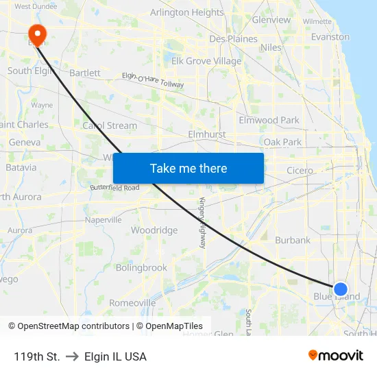 119th St. to Elgin IL USA map