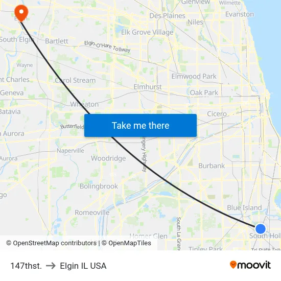 147thst. to Elgin IL USA map