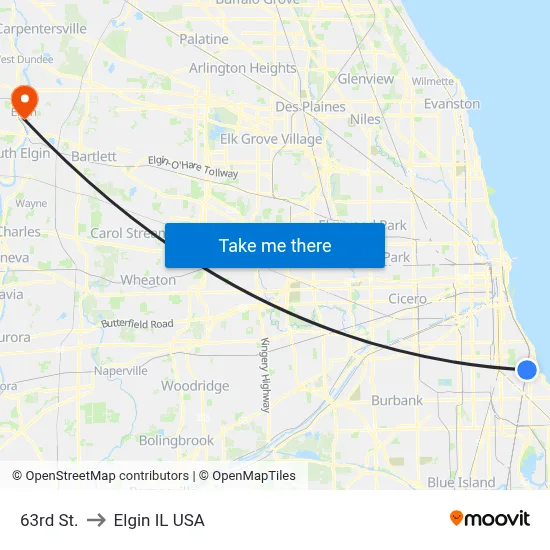 63rd St. to Elgin IL USA map