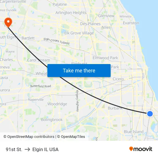 91st St. to Elgin IL USA map