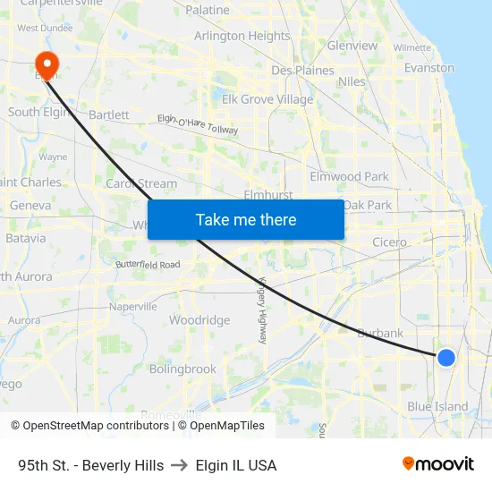 95th St. - Beverly Hills to Elgin IL USA map