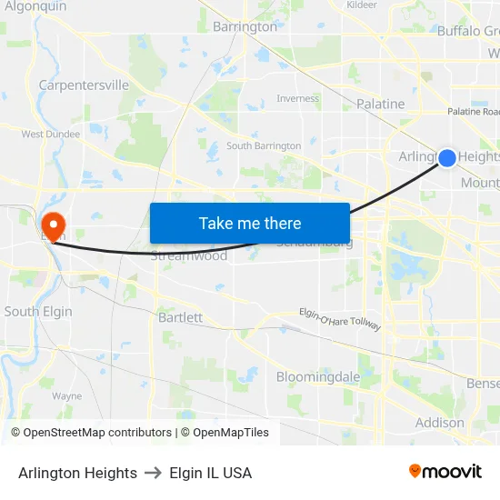 Arlington Heights to Elgin IL USA map