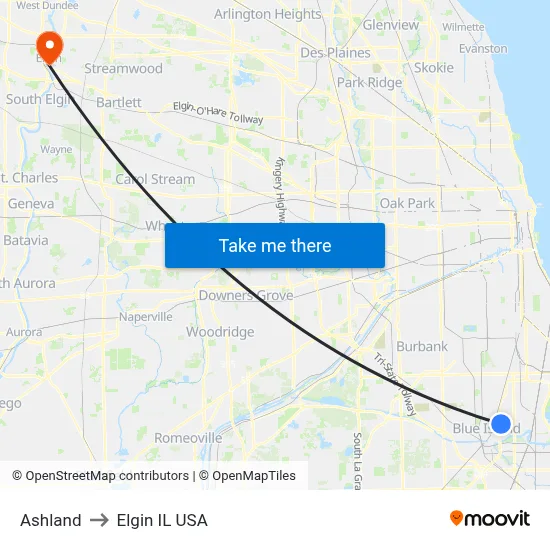 Ashland to Elgin IL USA map