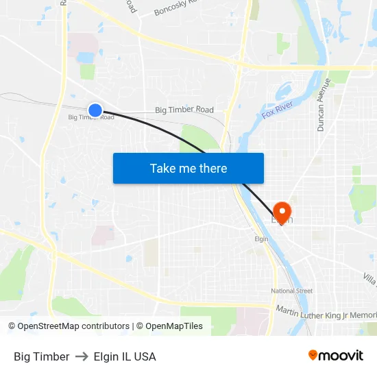 Big Timber to Elgin IL USA map