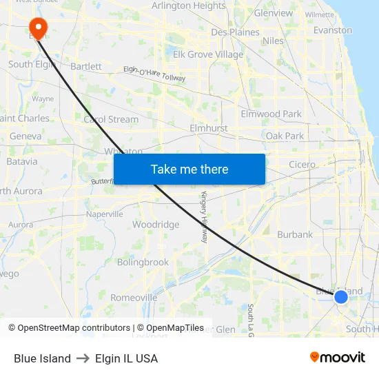 Blue Island to Elgin IL USA map