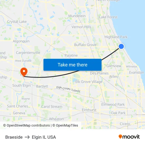 Braeside to Elgin IL USA map