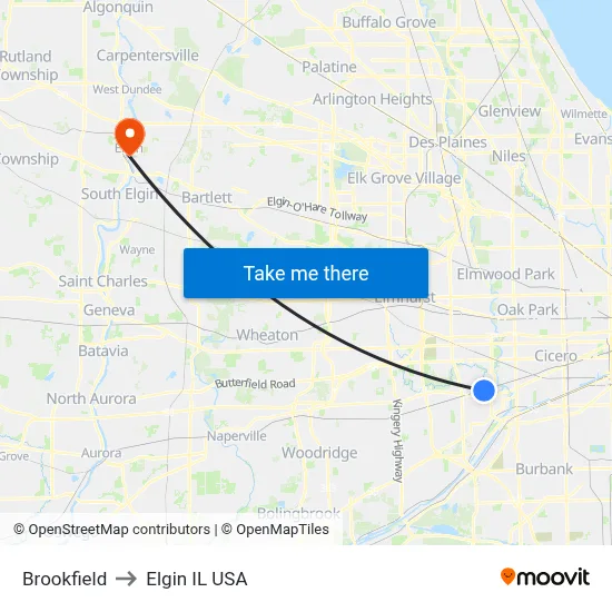 Brookfield to Elgin IL USA map