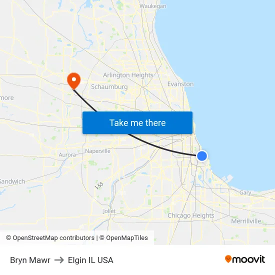 Bryn Mawr to Elgin IL USA map