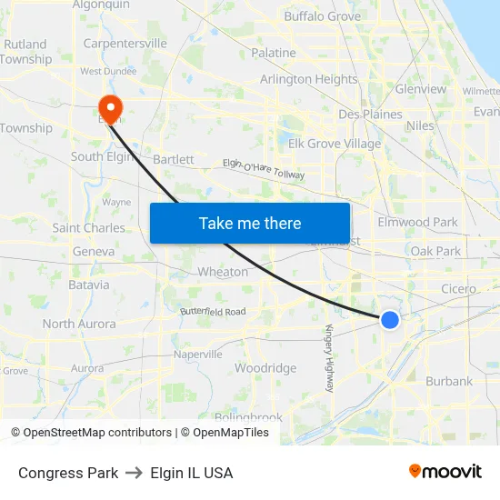 Congress Park to Elgin IL USA map