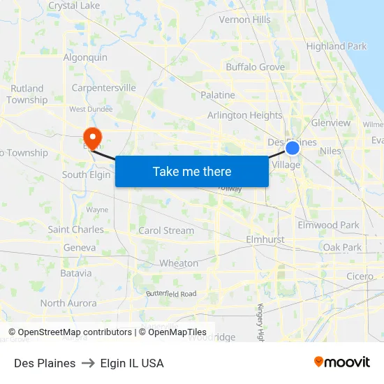 Des Plaines to Elgin IL USA map