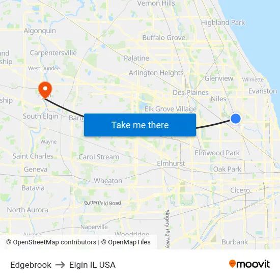 Edgebrook to Elgin IL USA map