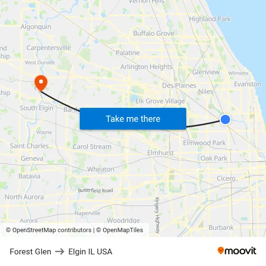Forest Glen to Elgin IL USA map