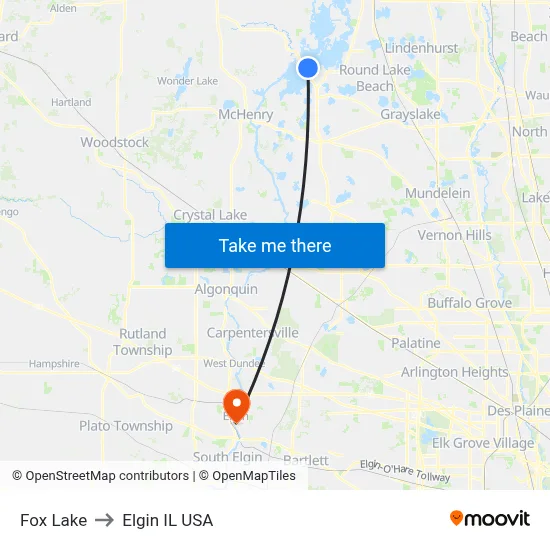 Fox Lake to Elgin IL USA map