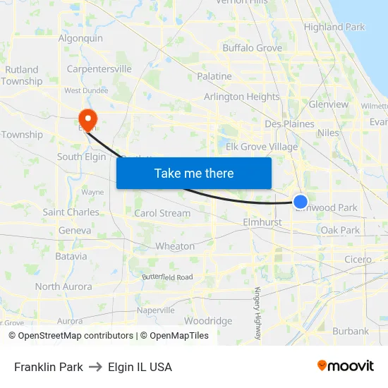 Franklin Park to Elgin IL USA map