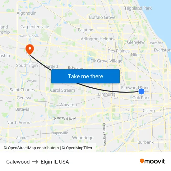 Galewood to Elgin IL USA map