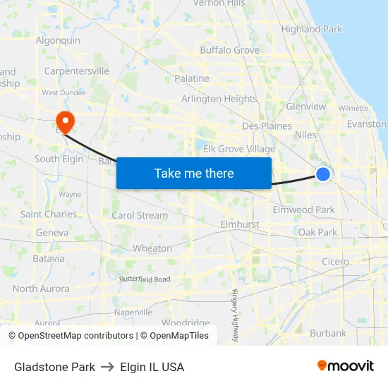 Gladstone Park to Elgin IL USA map