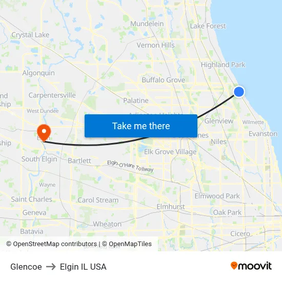 Glencoe to Elgin IL USA map