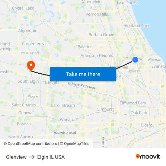 Glenview to Elgin IL USA map