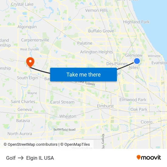Golf to Elgin IL USA map