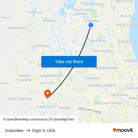 Grayslake to Elgin IL USA map