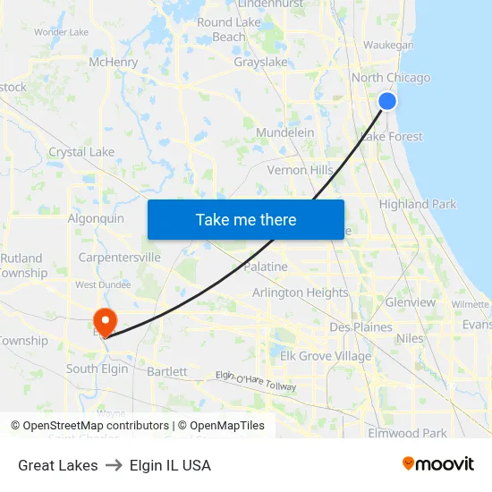 Great Lakes to Elgin IL USA map