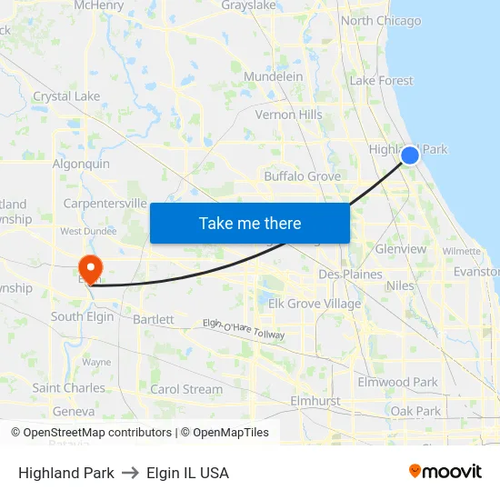 Highland Park to Elgin IL USA map