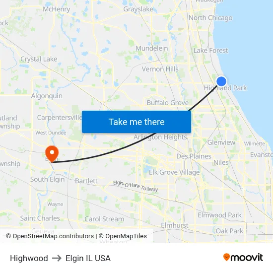 Highwood to Elgin IL USA map