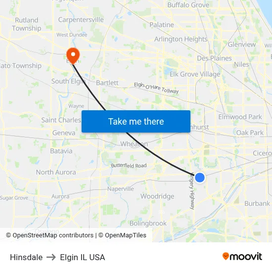 Hinsdale to Elgin IL USA map