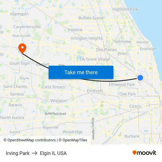 Irving Park to Elgin IL USA map
