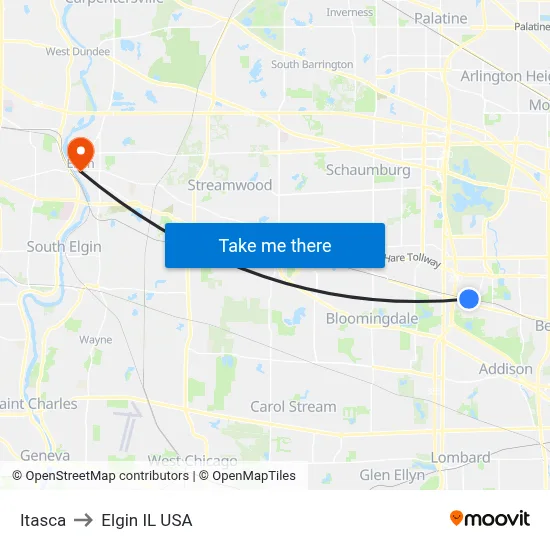 Itasca to Elgin IL USA map