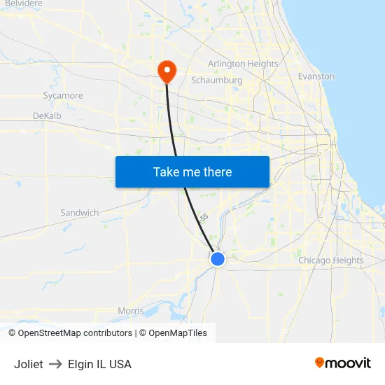 Joliet to Elgin IL USA map