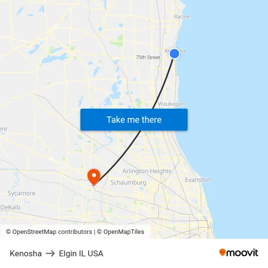 Kenosha to Elgin IL USA map
